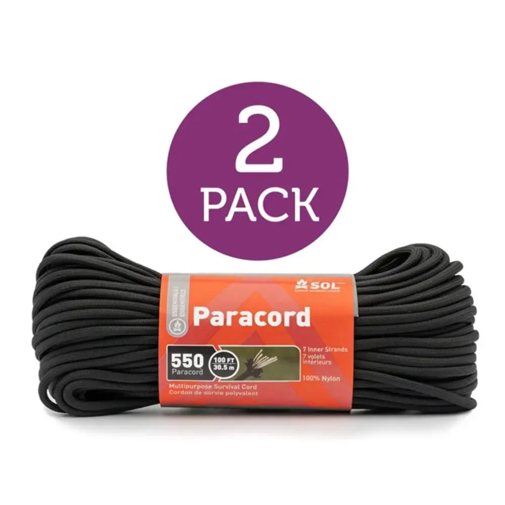 2 Pack S.O.L. Survive Outdoors Longer 550 Paracord 100ft Black Nylon Rope